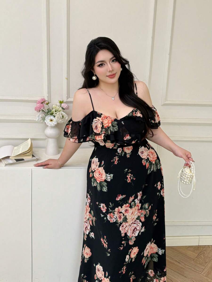 Vibekara 优雅法式复古雪纺印花吊带连衣裙，双层荷叶边装饰，露肩无袖修身长裙，春夏度假装 - 彩色 - 查看 1