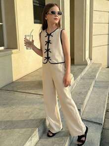 SHEIN Tween Girls Casual Elegant Striped Round Neck Contrast Bow Decor Vest And Pants 2 Pieces Outfit,Kids - Khaki - View 5