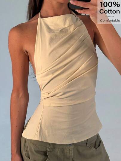 Siren Gaze Women's Solid Color Pleated Design Fashionable Backless Sexy Halter Top Backless Tops Backless Shirts Open Back Tops
