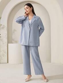 Veilorie Women's Solid Color Lapel NeckLong Sleeve Single-Breasted Jacket And Pants Casual Suit Set - Blue - View 4