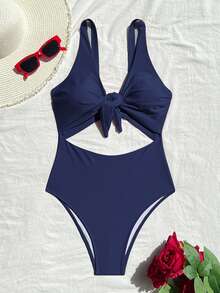 SHEIN Swim 纯色优雅无袖高腰可调节肩带连体泳衣，女士，春夏款 - 藏蓝色 - 查看 3