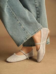 Rosivie Zapatos planos de material trenzado de PU, zapatos elegantes de estilo de oficina para ir y venir - Blanco roto - Ver 11