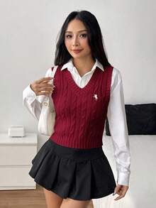 SHEIN PETITE 女款休閒針織背心，酒紅色，秋季，優雅大方，校園風，返校季大學風，聖誕節感恩節新年上衣，適合嬌小女性 - 酒紅色 - 查看 5