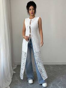 SHEIN Raffinéa Women's Elegant Lace-Up Long Dress, Summer - White - View 4