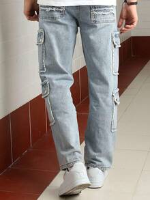 Logeqi® Jeans Vaquero Lavado Versátil Baggy Sueltos Multi-Bolsos Streetwear Casual De Hombre de Color Azul Claro - Azul - Ver 3