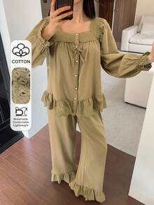 DAZY Sweet Square Collar Embroidered Lace Patchwork Ruffle Trim Women Pajama Set - Khaki - View 3