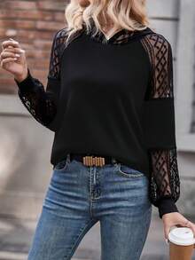 SHEIN LUNE Contrast Lace Raglan Sleeve Hoodie,Long Sleeve Tops Graduation,Back To School,Graduation,Teacher For Women,Back To School Pullover Fall Sweatshirt - Black - View 6