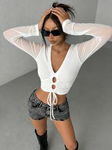 INAWLY Women's White Autumn Elegant Seksi Chic Club Knit Hollow Out Lace-Up Blouse,Sheer Mesh V-Neck Waist Cinch Top,Vintage Slim Fit Short Top - White - View 1