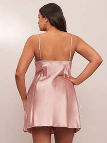 SHEIN BAE Plus Size Front Pleated Bowknot Band Simulation Silk Camisole Nightdress - Dusty Pink - View 2