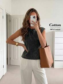 Easowa Women's Charcoal Gray 100% Cotton Tank Top,Fashionable Rivet Detail Washed Loose Round Neck Sleeveless T-Shirt,Casual Summer Occasion Chic Crop Tops - Black - View 3
