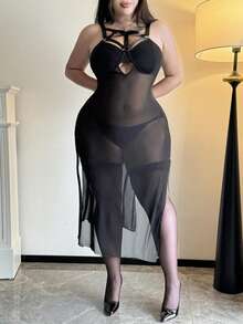 Whyspr Vestido transparente con abertura de estilo gótico oscuro para tallas grandes - Negro - Ver 3