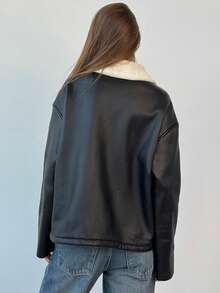 Aloruh 谷仓夹克，女士秋冬新款日常旅行通勤时尚长口袋保暖内衬保暖毛绒皮革毛领夹克拉链外套 - 黑色 - 查看 5