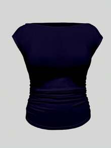 EMERY ROSE Plus Size Casual Solid Color Ruched Waist T-Shirt, Summer - Multicolor - View 4