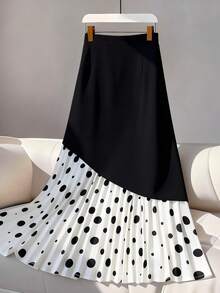 Linhara 大码女式波点褶裥拼接黑色时尚中长裙 - 黑與白 - 查看 1