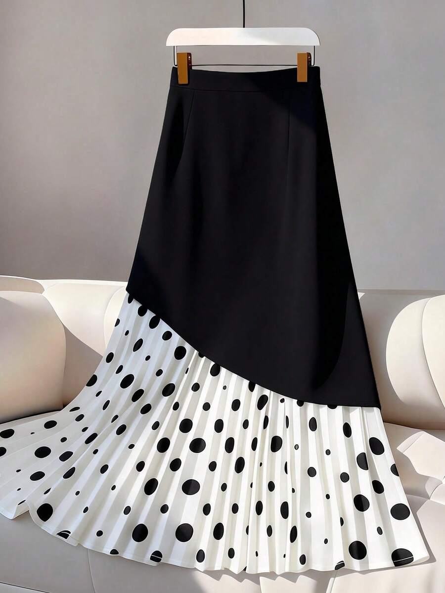 Linhara 大码女式波点褶裥拼接黑色时尚中长裙 - 黑與白 - 查看 1