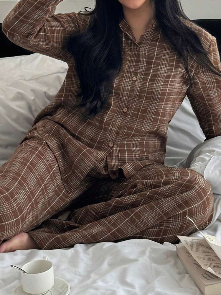 Dazy Plus 2pcs Plaid Loose Long Sleeve Top And Long Pants Pajama Set, Fashionable Sleepwear For Spring And Autumn