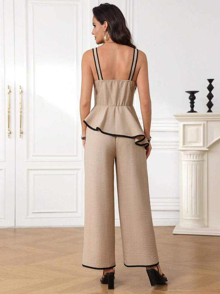 Khaki Brown Spaghetti Strap Ruffle Peplum Wide Leg Pants Set Elegant Formal Party Outfit Two Piece Set Brown Dress Brown Top Ruffle Dress Elegant Dresses For Women Formal Dresses For Women Party Dresses For Women,Vacation Set,Summer Holiday Outfits,Graduation Outfit For Mother, Ruffle Set