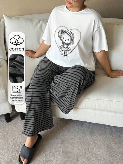 Dazy Plus 2pcs/Set Plus Size Women Casual Cartoon Print Short Sleeve Top And Striped Pajama Pants Sleepwear Set, Spring/Summer