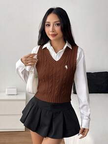 SHEIN PETITE 女士休闲百搭通勤针织背心 - 咖啡棕 - 查看 5