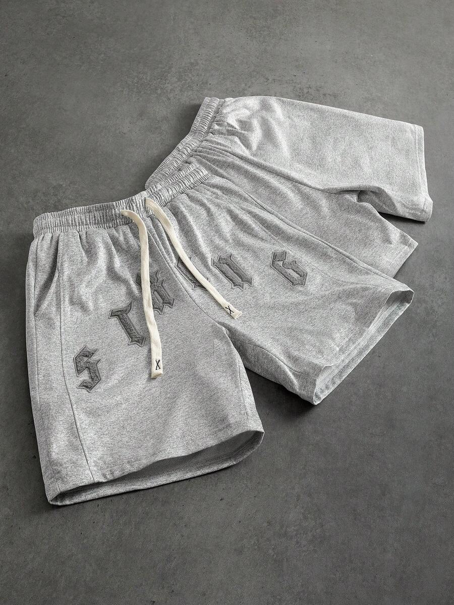 PAVTROS 男士宽松休闲字母贴布斜插口袋抽绳腰短裤 - 灰色 - 查看 1