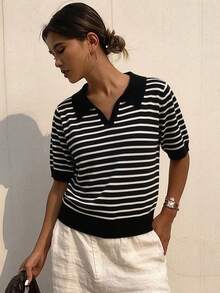 女士条纹 Polo 领短袖休闲针织上衣，春夏款 - 黑色 - 查看 4