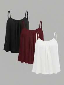 SHEIN EZwear 3件套加大码女式褶皱宽松吊带背心，可调节肩带，适合春夏穿着 - 彩色 - 查看 1