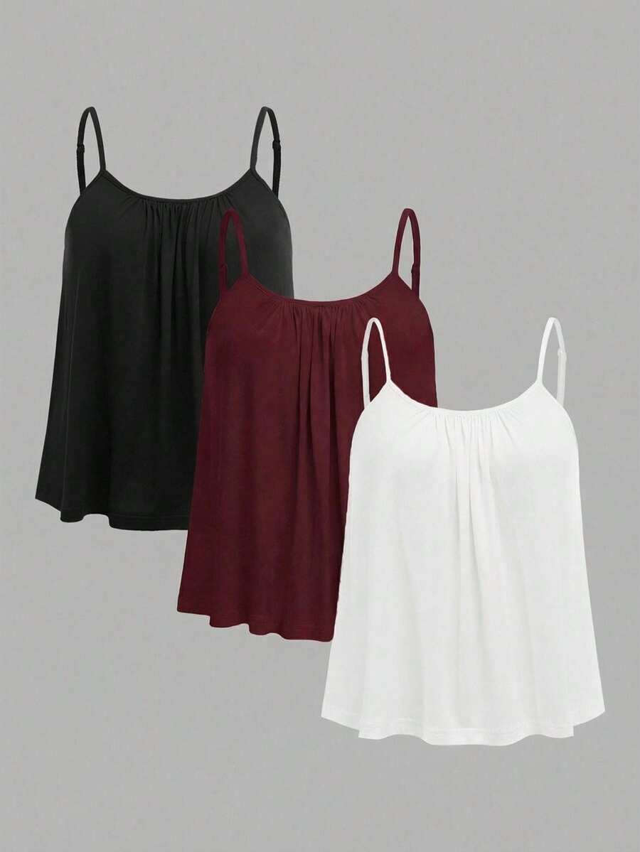 SHEIN EZwear 3件套加大码女式褶皱宽松吊带背心,可调节肩带,适合春夏穿着 - 彩色 - 查看 1