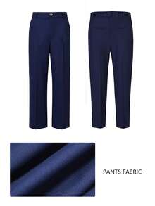 SHEIN 5件套男童西装套装，包括：平驳领西装外套、单排扣马甲、半松紧腰裤、纯白衬衫和领带。适合日常穿着、颁奖典礼、生日派对、婚礼、婚礼宾客、花童、戒指童等场合。 - 藏蓝色 - 查看 7