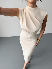 Firerie 女士新款杏色优雅休闲日常通勤度假时尚立领垂袖收腰纯色针织连衣裙，优雅，通勤，约会，婚礼季 - 杏色 - 查看 10