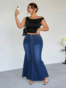 Firerie Falda midi elegante de mezclilla con cintura alta y bolsillos para mujer de talla grande - Azul - Ver 6