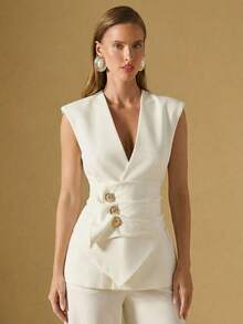 Briarwyn Chaqueta de mujer sin mangas con diseño de hebilla de metal - Blanco - Ver 4
