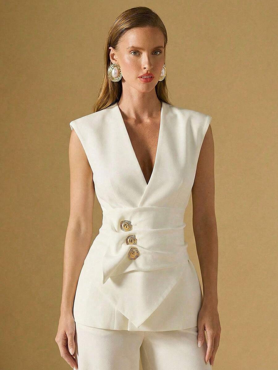 Briarwyn Áo khoác blazer không tay thiết kế khóa kim loại thời trang nữ - trắng - Xem 1
