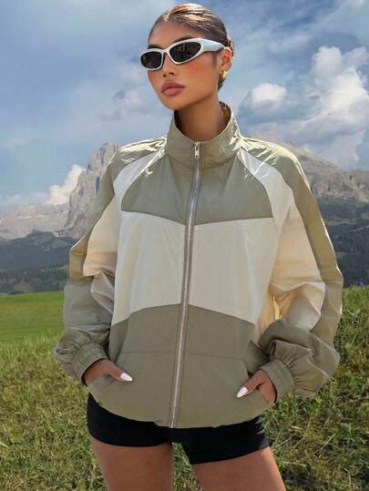 Muchica Nylon Raglan Color Block Lightweight Outdoor Jacket,Spring / Summer Outfits,Going Out Tops,Climbing Outfits
