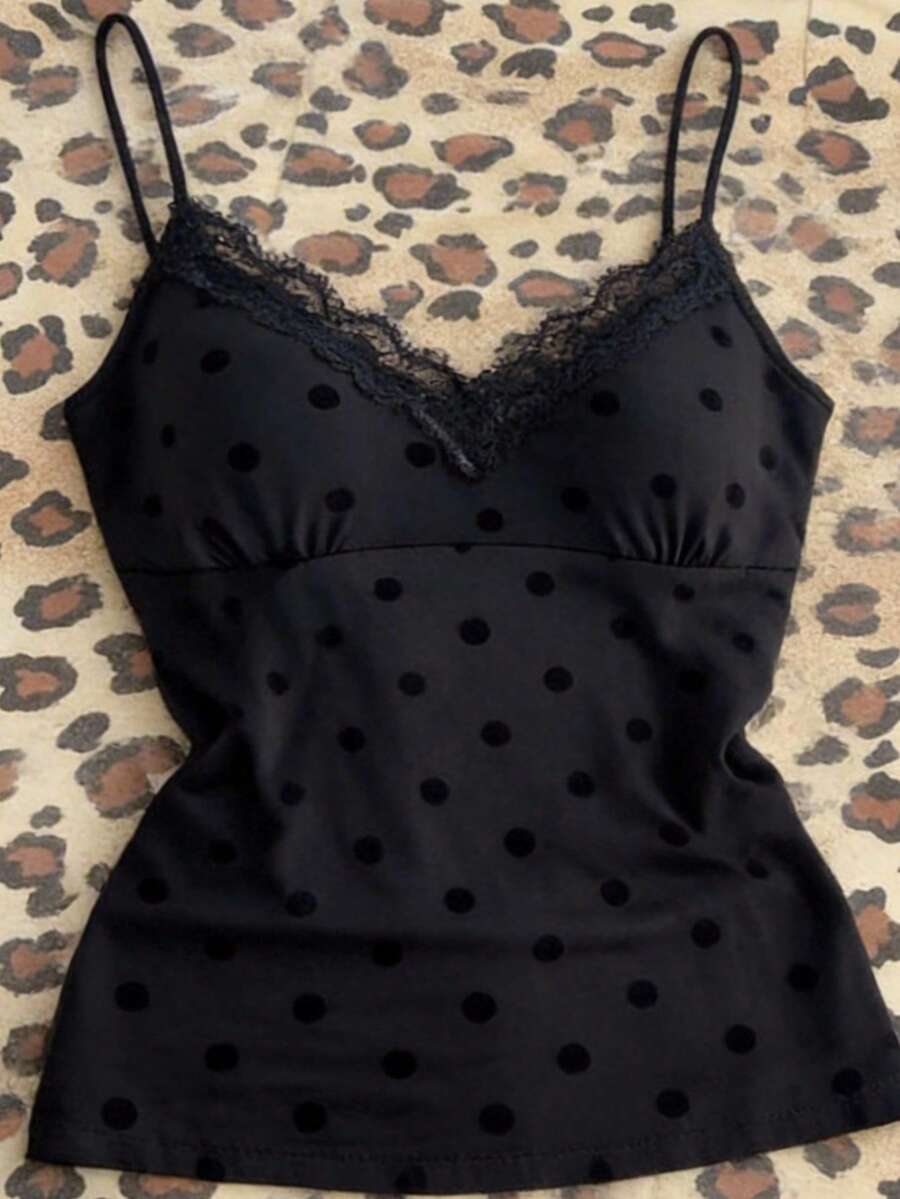 Elamini 女士休闲黑色植绒波点性感V领蕾丝边拼接吊带背心，夏季 - 黑色 - 查看 1