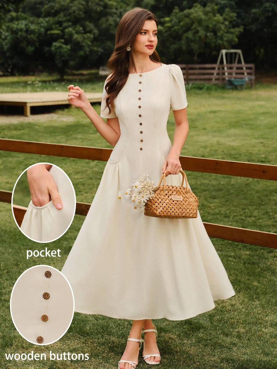 Vintamour 复古经典优雅印花修身船领纽扣连衣裙，带大口袋，杏色短袖喇叭裙 - 杏色 - 查看 1