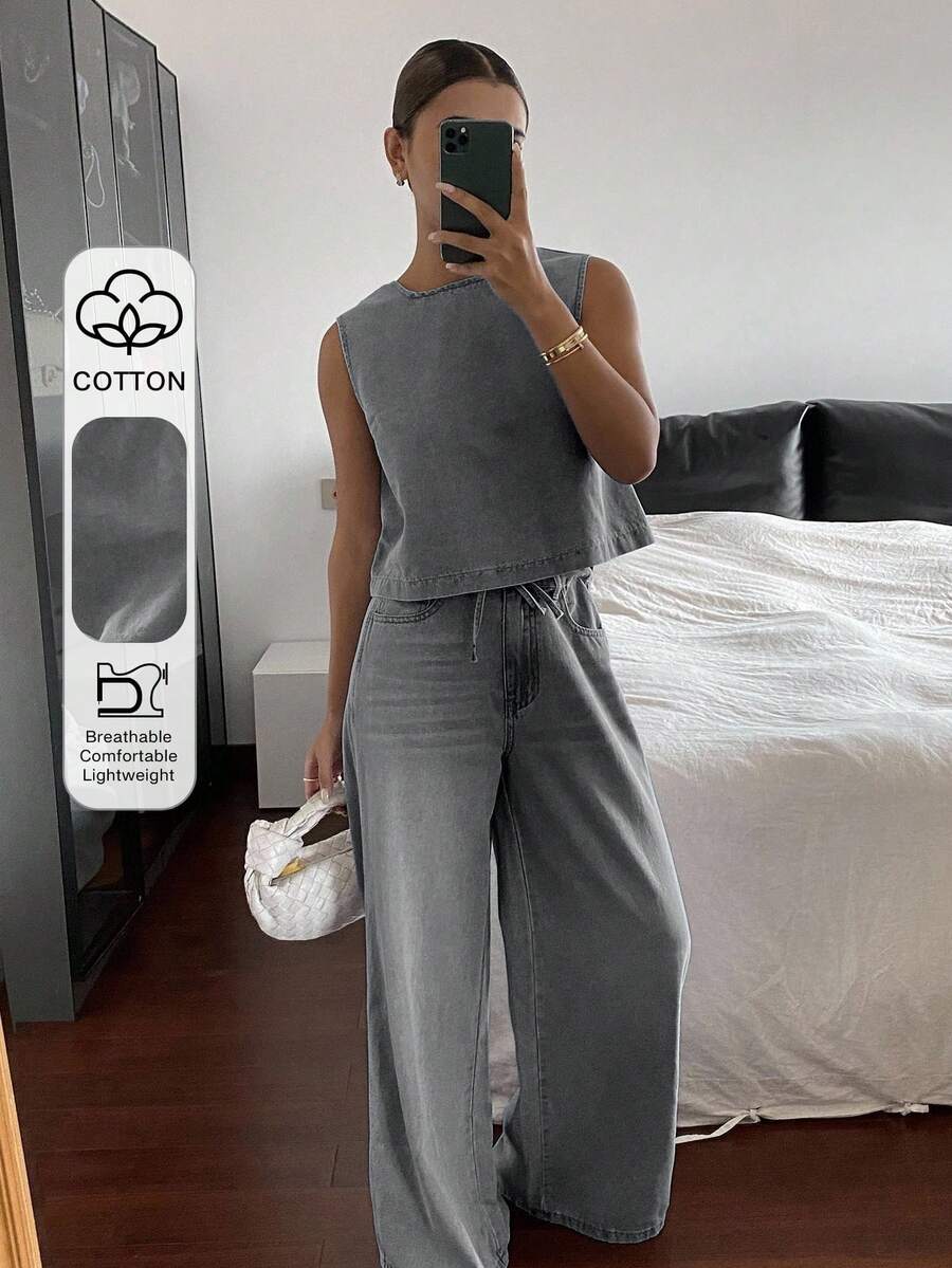Livesso Conjunto casual de verano para mujer con top sin mangas de cuello redondo y pantalones vaqueros de pierna ancha con cordón en la cintura - Gris - Ver 1
