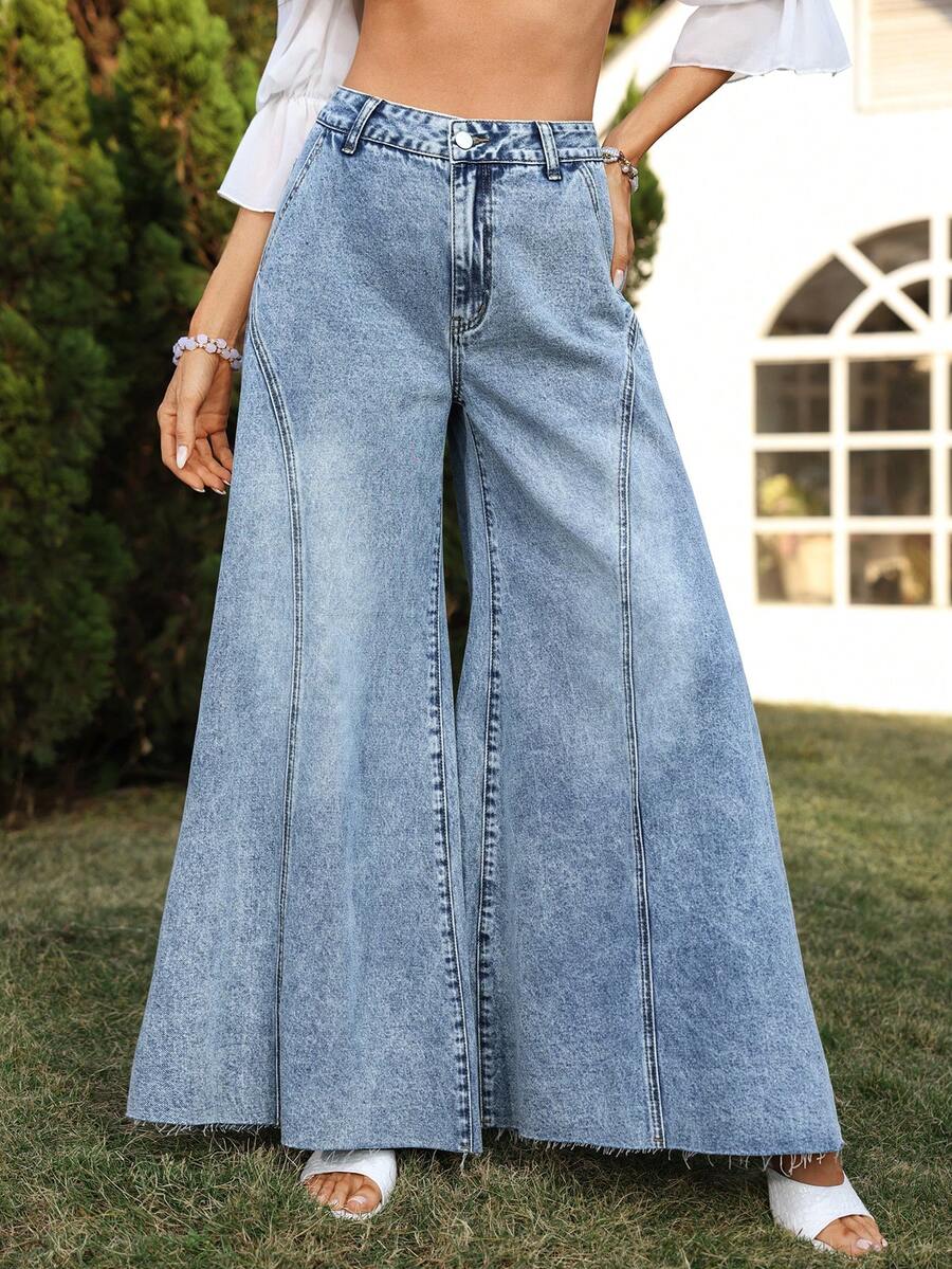 Breezaya Quần jeans ống rộng nữ có túi và cúc, kiểu dáng thường ngày, đa năng. - Màu xanh lam - Xem 1