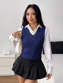 SHEIN PETITE 女式休闲马匹图案粗针织V领毛衣背心，秋季 - 藏蓝色 - 查看 4