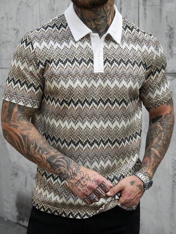 Manfinity CasualCool Vintage Wave Pattern Polo Shirt, Men's Casual Contrast Color Collar Short Sleeve Top, Lightweight Streetwear