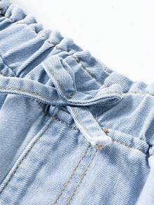 SHEIN Quần short denim thường ngày cho nữ tuổi teen, hàng mới về, kiểu dáng tối giản, đa năng, cạp chun nhún, màu xanh nhạt, chất liệu mềm mại. - Màu xanh lam - Xem 4