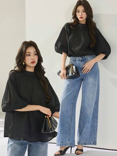 Heiryn Áo sơ mi nữ tay ngắn cổ tròn màu trơn kiểu dáng thường ngày