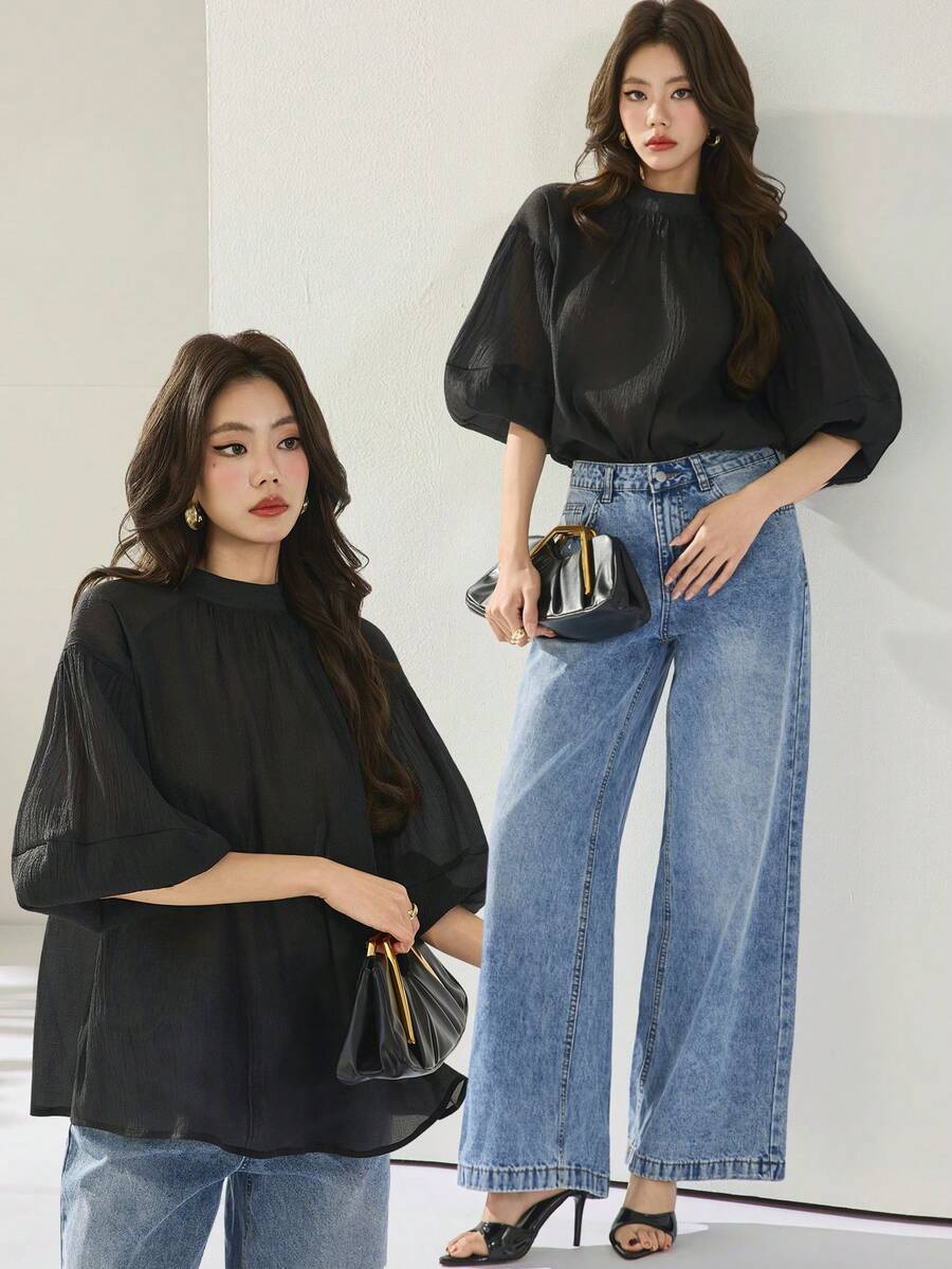 Heiryn 女士休闲纯色圆领短袖衬衫