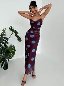 Firerie Women's New Retro Polka Dot Chocolate Blue Dot Mesh Plunging Neck Backless Dress, Fashionable Sexy Style Dress - Chocolate Brown - View 6