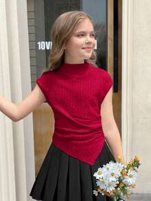 SHEIN 少女休闲针织修身漏斗领褶皱不对称下摆短袖上衣，适合春夏、返校季、母女装 - 紅色 - 查看 2