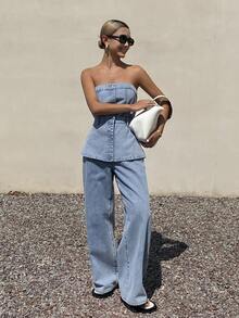 DAZY 女士无肩带紧身腰上衣搭配宽松牛仔裤套装，适合春夏穿着 - 藍色 - 查看 3