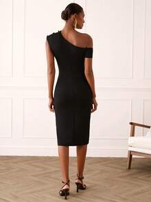 Lilora Elegant Black Summer Bodycon Midi Dress For Women,Asymmetrical One Shoulder Ruched Luxury Chic Dining Dinner Date Dresses,High Quality Zanea Dress - Black - View 3