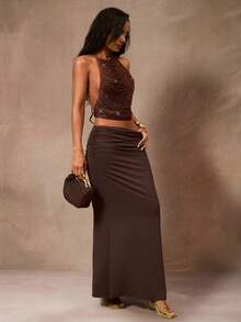 Opulessa 手工不对称钩针上衣，饰以金线，适合夏季穿着，也适合度假、派对和海滩度假。 - 咖啡棕 - 查看 7