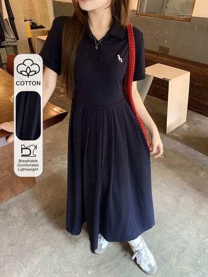 DAZY Women's Casual Contrast Color Embroidered Pleated Mid-Length Dress, Summer