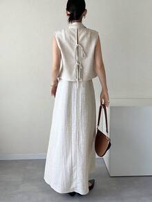 FRIFUL 女士西装外套和长款吊带裙两件套，款式时尚，夏季 - 卡其色 - 查看 4