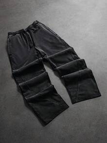 SLATEMANN 男士纯色抽绳腰带口袋直筒宽松休闲运动裤 - 黑色 - 查看 6